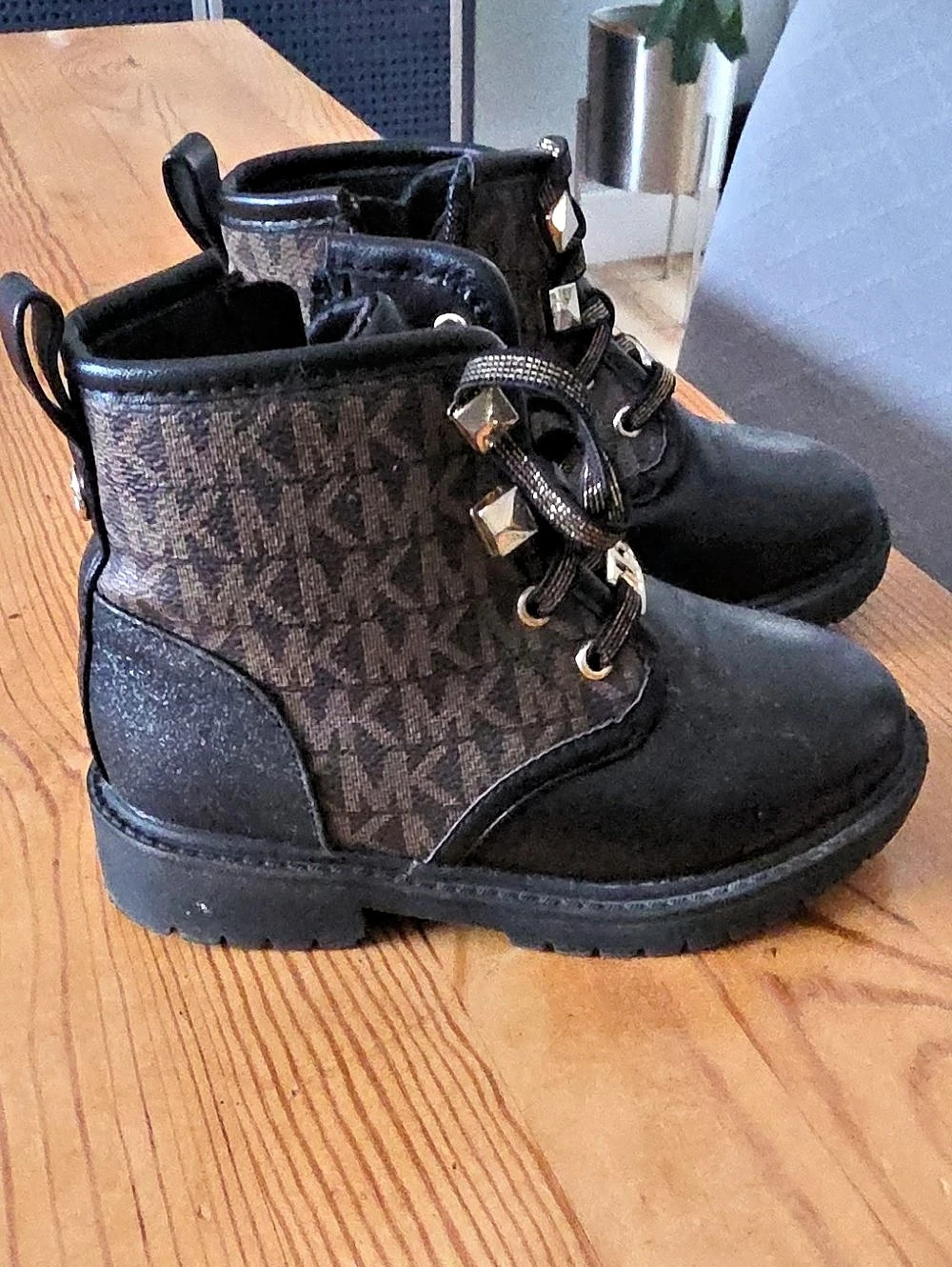 Michael Kors Kids Logo Print Combat Boots Black & Brown